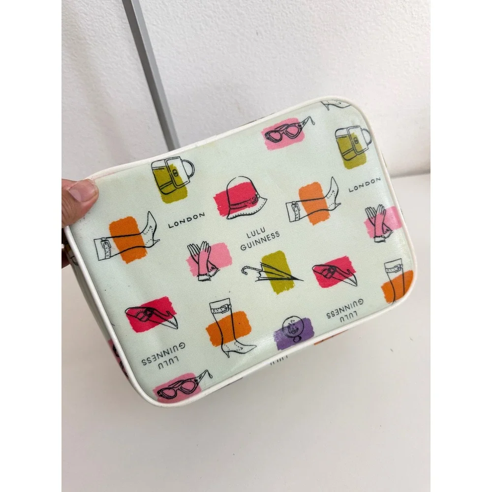 Lulu Guinness London Vanity Case Novelty Fashion Print Makeup Bag Green PVC